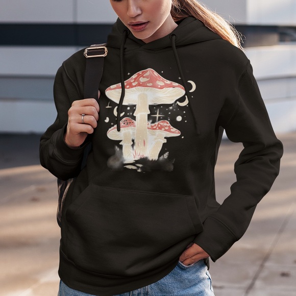 The Blind Medium Tops - Black Fleece Lined Pullover Hoodie Sweatshirt Mushroom and Moon Designs